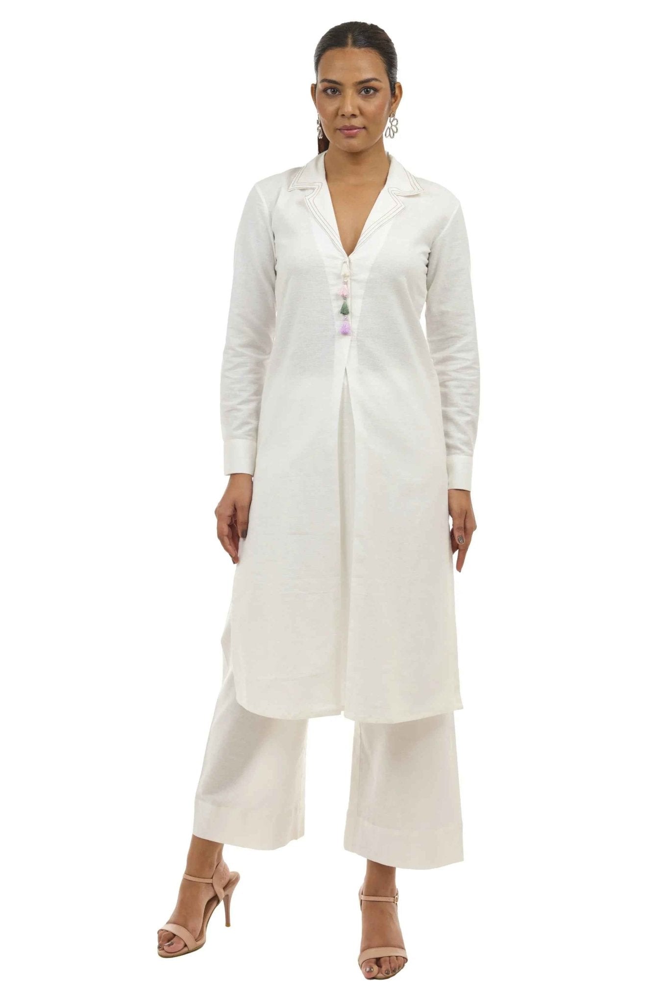 White Linen Coat Collar Kurta and Pallazo Co - ord Set